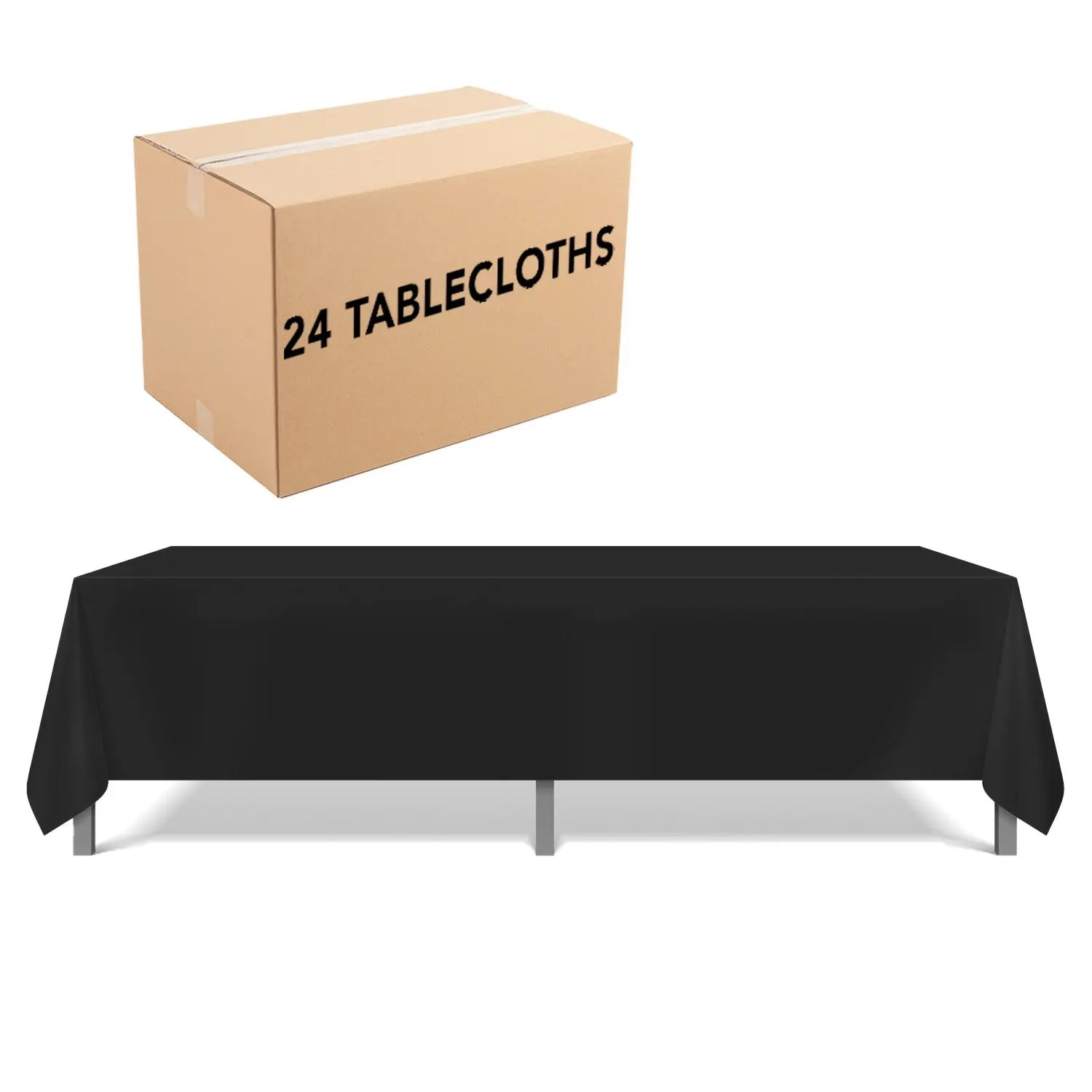 Bulk Case of 24 Polyester Tablecloths, Rectangular & Square, Six Sizes, Black & White