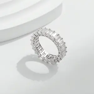 Baguette Cubic Zirconia Full Eternity Ring - Sparkling Shiny Wedding Party Jewelry Gift for Women