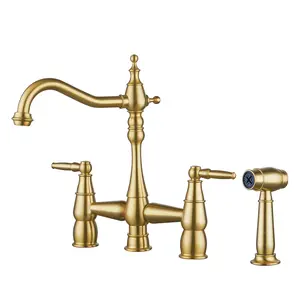 WOWOW 4 Hole Brushed Gold Kitchen Faucet with Side Sprayer, Centerset Bridge Faucet for Sink, Brass, 2 Handles, Deck Mount