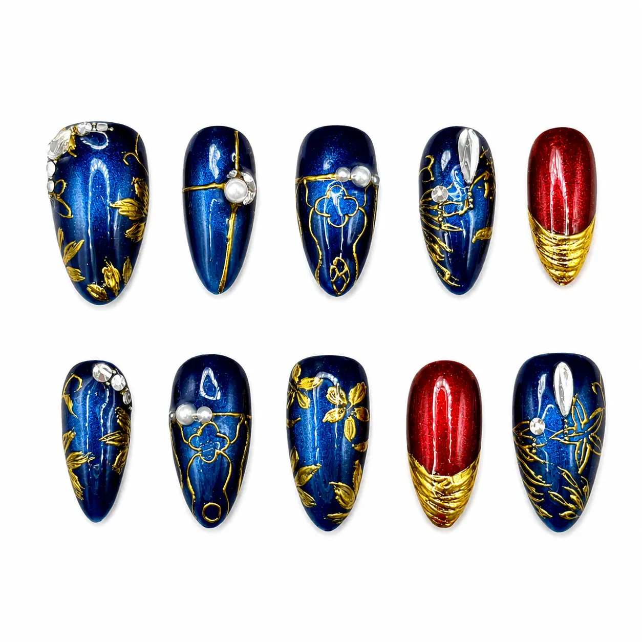 Royal Sapphire & Crimson Chrome Press-On Nails | Blue Cat Eye Gold Floral Handmade Almond Nails | Luxury Elegant False Nails