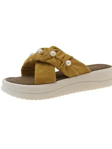 Summer Women's Pearl Pleated Thick Sole Sandals, Leather Cross Strap Platform Slippers, Soft Style Height Boost Anti-Slip Outdoor Shoes