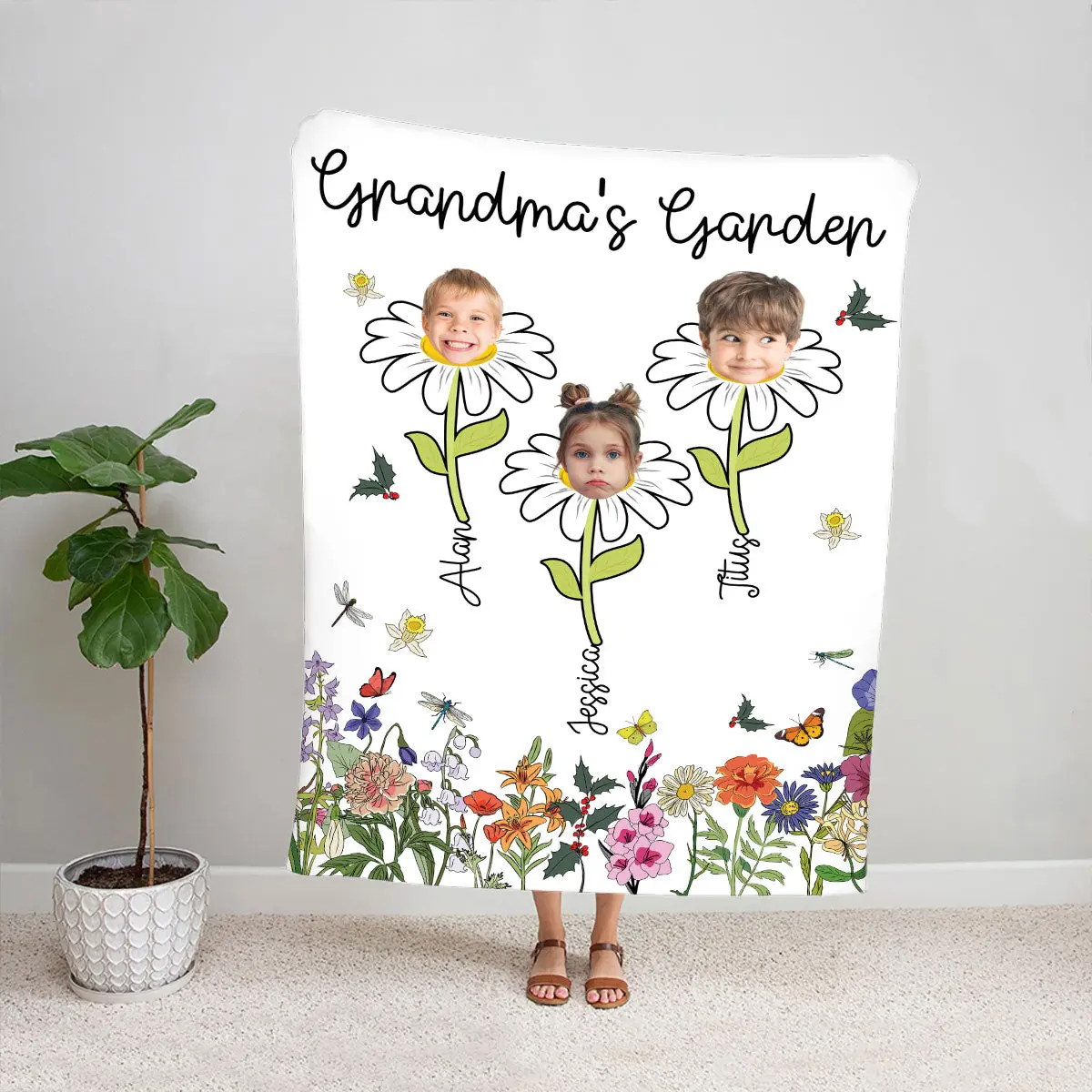 Petthouse | Personalized Grandma's Garden Sherpa Blanket, Custom Grandkid Face On Grandmother Soft Blanket