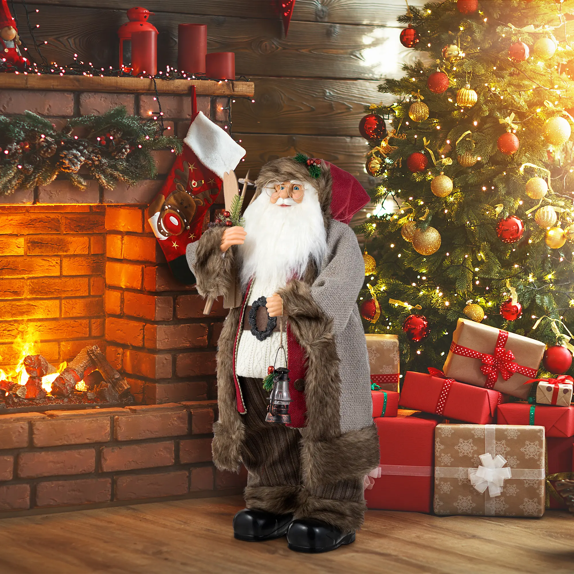 Glitzhome 32"H Oversized Faux Fur Christmas Santa Figurine