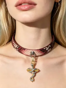 Unisex Handmade 100% Leather Choker Necklace Collar - Edgy Necklaces, Adjustable Buckle, Soft & Skin-Friendly, Unique Texture, 12-16 in Neck Circumference, Metal Snake Motif Pendant, Short Engagement Costume Jewelry