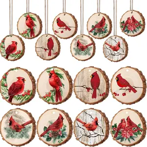 8 Piece/16 Piece/24 Piece North American Finch Wood Christmas Ornaments, Holly Berry Pattern Bird Hanging Decorations for Tree Holiday Gifts