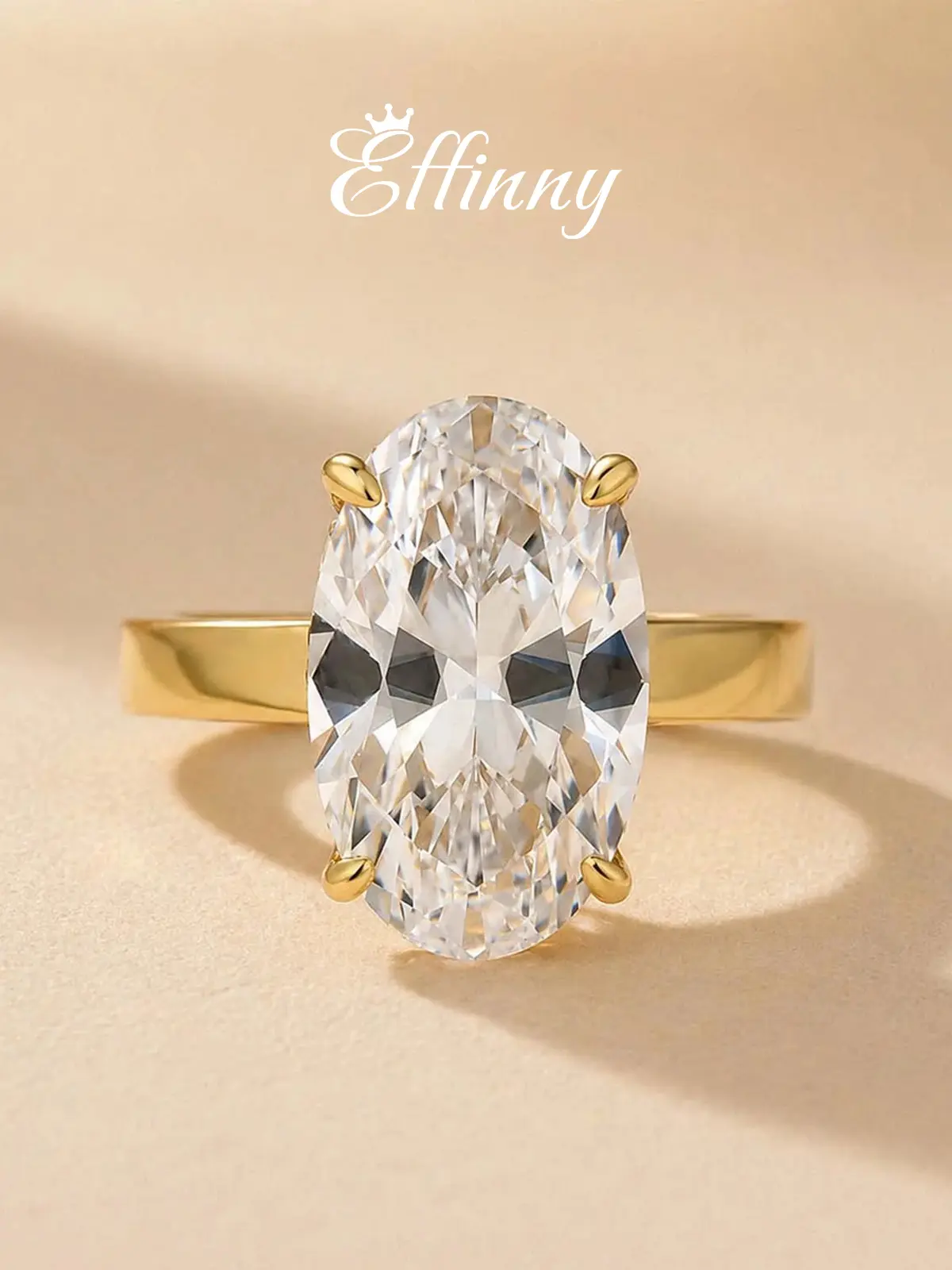 Effinny 925 Sterling Silver Tarnish-resistant 6.5ct Solitaire Elongated Oval Cut 14K Gold Plated Engagement Ring with Wide Band, 5A CZ Fashion Design Travel-friendly Jewelry for Daily Wear