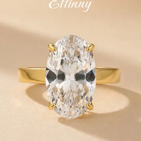 Effinny 925 Sterling Silver Tarnish-resistant 6.5ct Solitaire Elongated Oval Cut 14K Gold Plated Engagement Ring with Wide Band, 5A CZ Fashion Design Travel-friendly Jewelry for Daily Wear