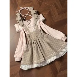 Japanese Sweet Lolita Pink 2 Piece Set Women One Off Shoulder Tops + Plaid Strap Skirt New Cute Harajuku Outfits Spring 2026
