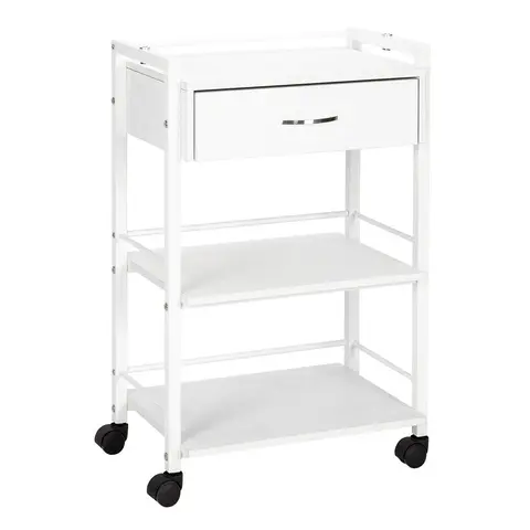 OmySalon Wooden Rolling 3-Tier Multi-Shelf Salon Trolley - Silent Castors, Heavy-Duty Organiser with Durable Storage Rack, 2 Open Tool Shelves, Acetone-Resistant Easy-Reach Cabinet for Estheticians’ Beauty SPA Clippers Storage, Rolling 3-Tier Utility Cart