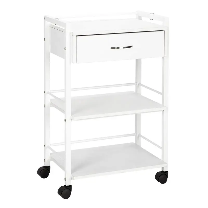 OmySalon Wooden Rolling 3-Tier Multi-Shelf Salon Trolley - Silent Castors, Heavy-Duty Organiser with Durable Storage Rack, 2 Open Tool Shelves, Acetone-Resistant Easy-Reach Cabinet for Estheticians’ Beauty SPA Clippers Storage, Rolling 3-Tier Utility Cart
