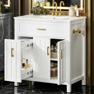 IRONCK 30" Bathroom Vanity with Ceramic Sink, Modern Freestanding Bathroom Cabinet with 2 Drawers, Towel bar and Adjustable Shelf, White