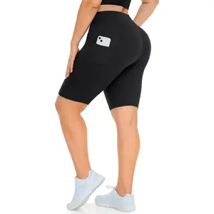 Plus size 8 "biker shorts with pockets for women-high waisted tummy control black yoga shorts (XL-4XL)