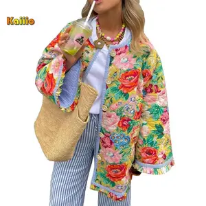 Women Winter Loose Quilted Jacket Floral Print Button Down Long Sleeve Padded Coat Warm Outwear Womenswear Casual