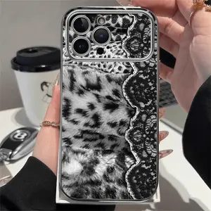 Phone case: Black and white leopard print lace phone case, suitable for iPhone 17/16/15/14/13/12/11/XS/X Pro MAX, Pro, Plus series, features camera protection, fingerprint resistance, and lightweight design