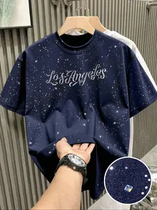 New Men's Short Sleeve T-Shirt, Fashion Starry Sky Reflective Craft, Letter Print Design, Sparkling Like Stars, Must-Have Casual, Essential Outerwear Item，Men's Summer Fashion Top, Glossy