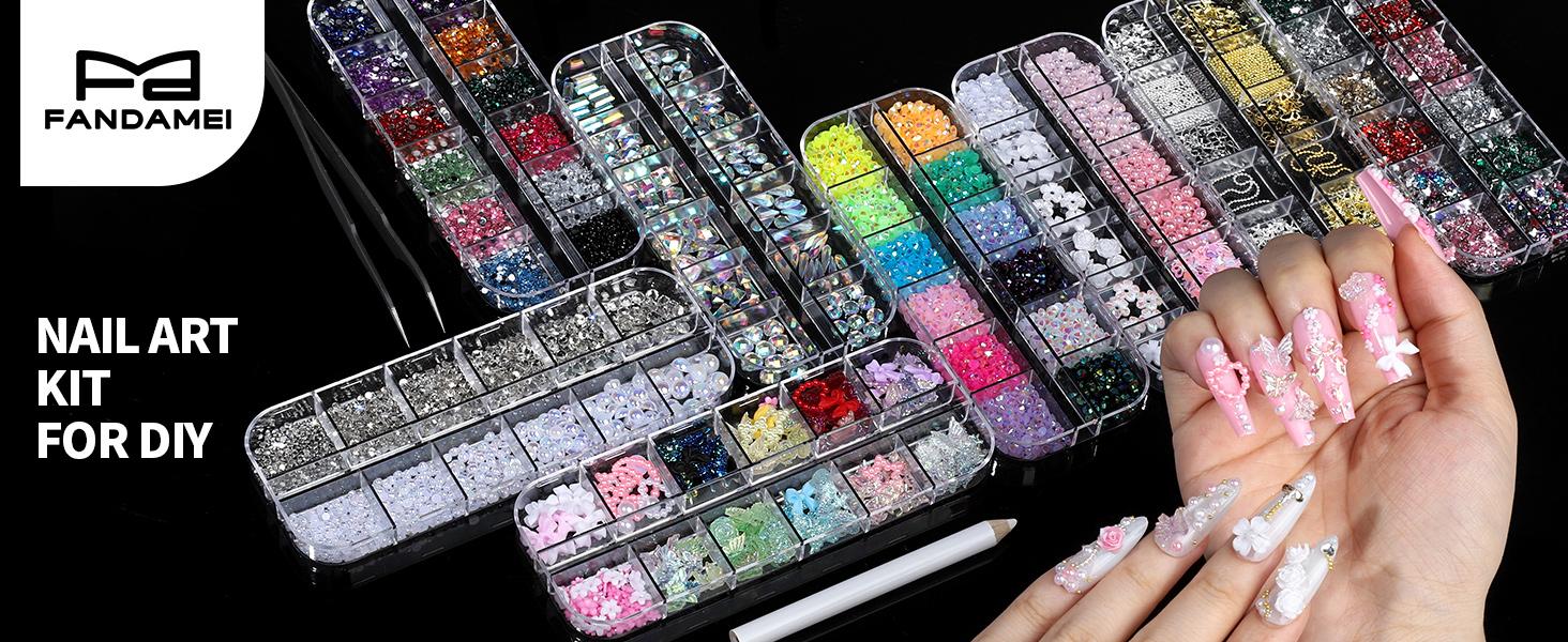 Nail Charms, Nail Rhinestones Kit with 8 Boxes of Nail Gems, 3D Charms for Nails, Colorful Clear Flatback Rhinestones, Charms Y2K for Nails, Multi Shape Pearls Jewels for Crafts