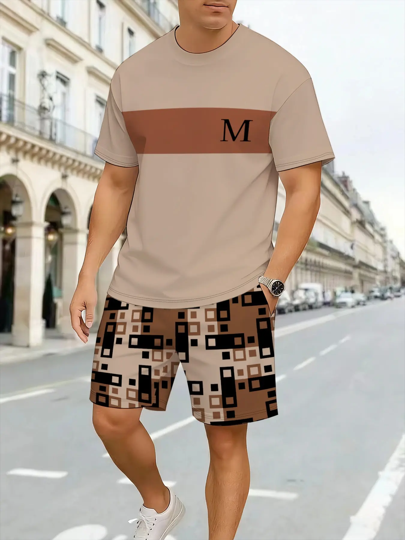 Men's 3D Printed Casual Tee + Shorts Matching Set, Breathable Short Sleeve Fitted Top, Trendy Summer Outfit, Menswear