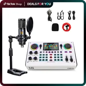 C100PRO Audio Mixer, 48V Digital Sound Card, Dual DSP Chips, High Sampling, 3 Custom Effects, Follow-Singing, Instrument Reverb, Digital Display, Noise Reduction, RGB Lights