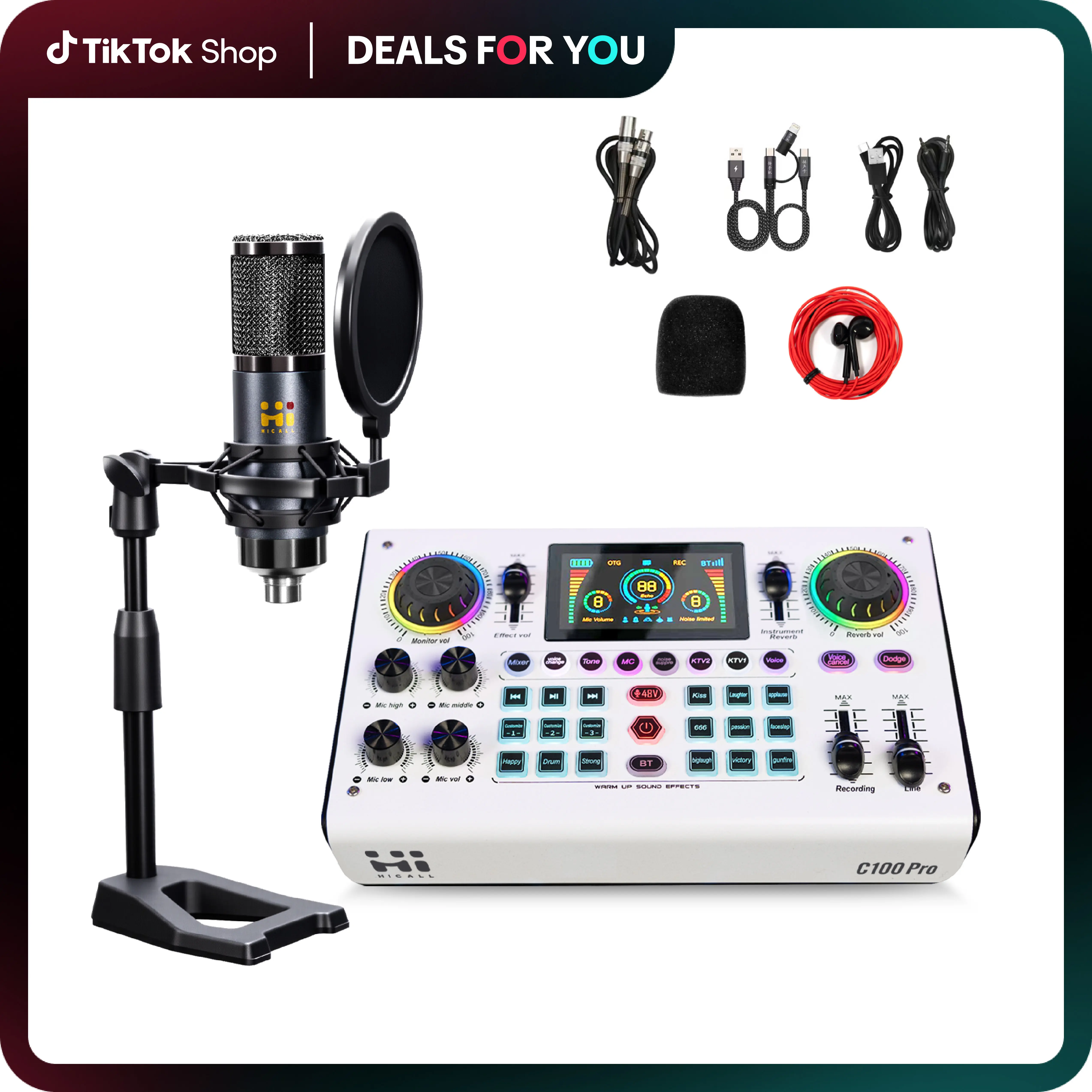 C100PRO Audio Mixer, 48V Digital Sound Card, Dual DSP Chips, High Sampling, 3 Custom Effects, Follow-Singing, Instrument Reverb, Digital Display, Noise Reduction, RGB Lights