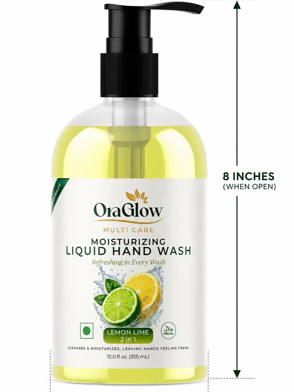 OraGlow Multi Care Moisturizing Liquid Hand Wash – Lemon Lime 2 in 1 Hand Soap, Refreshing Citrus Scent, Cleanses & Moisturizes, SLS Free, Paraben Free, Halal, Made in USA, 12 fl oz (355 ml )