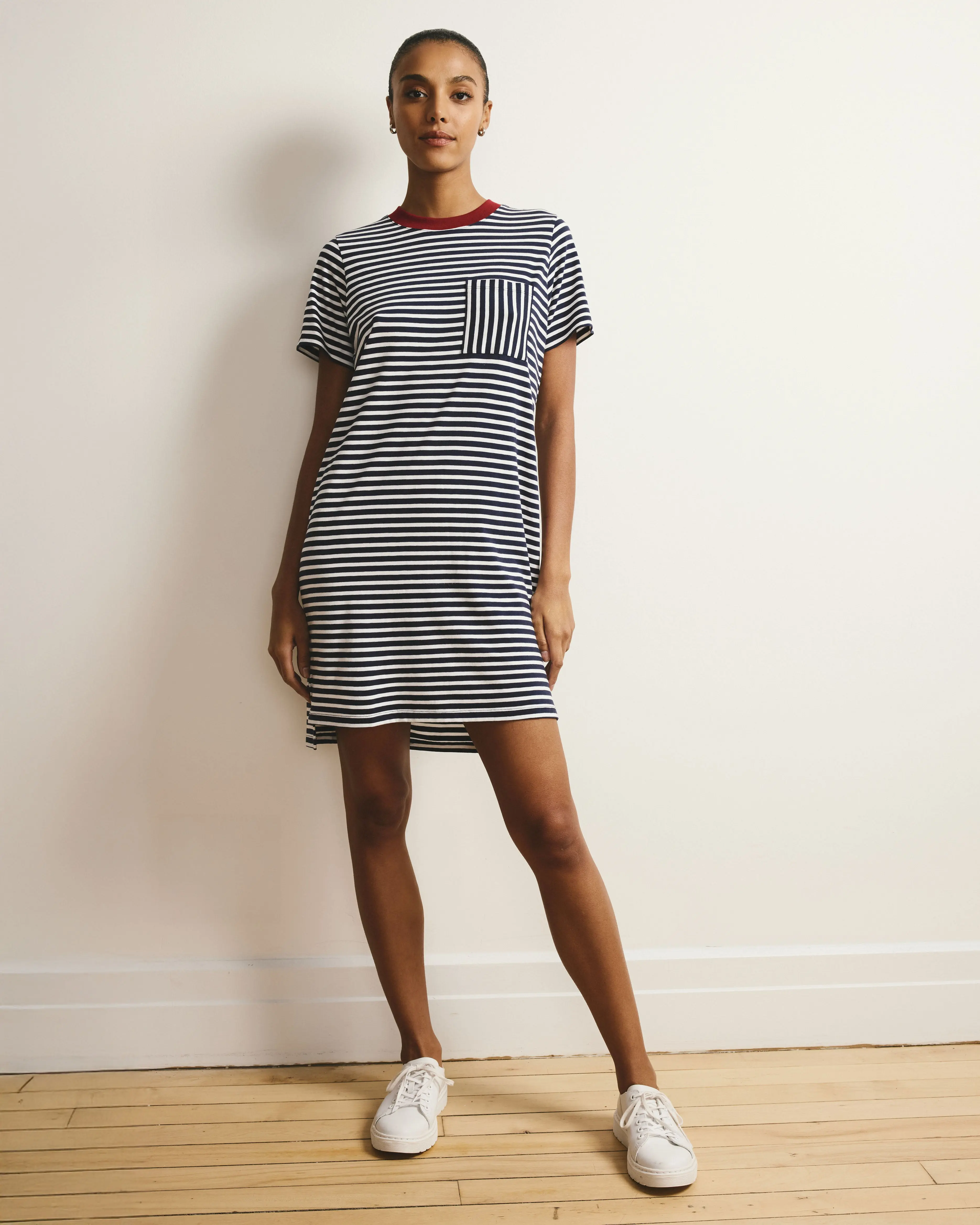 Women's Garcon Striped Peruvian Cotton Short-Sleeve Tee Dress - Casual, Chest Pocket, Garnet Trim, Lady's Casual Wear