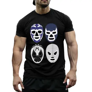 100% Cotton Lucha Libre Wrestler Tee, Geometric Applique T-Shirt, Crew Neck Knit Fabric with Slight Stretch, Regular Fit for Casual, Gym, Hiking & Daily Active