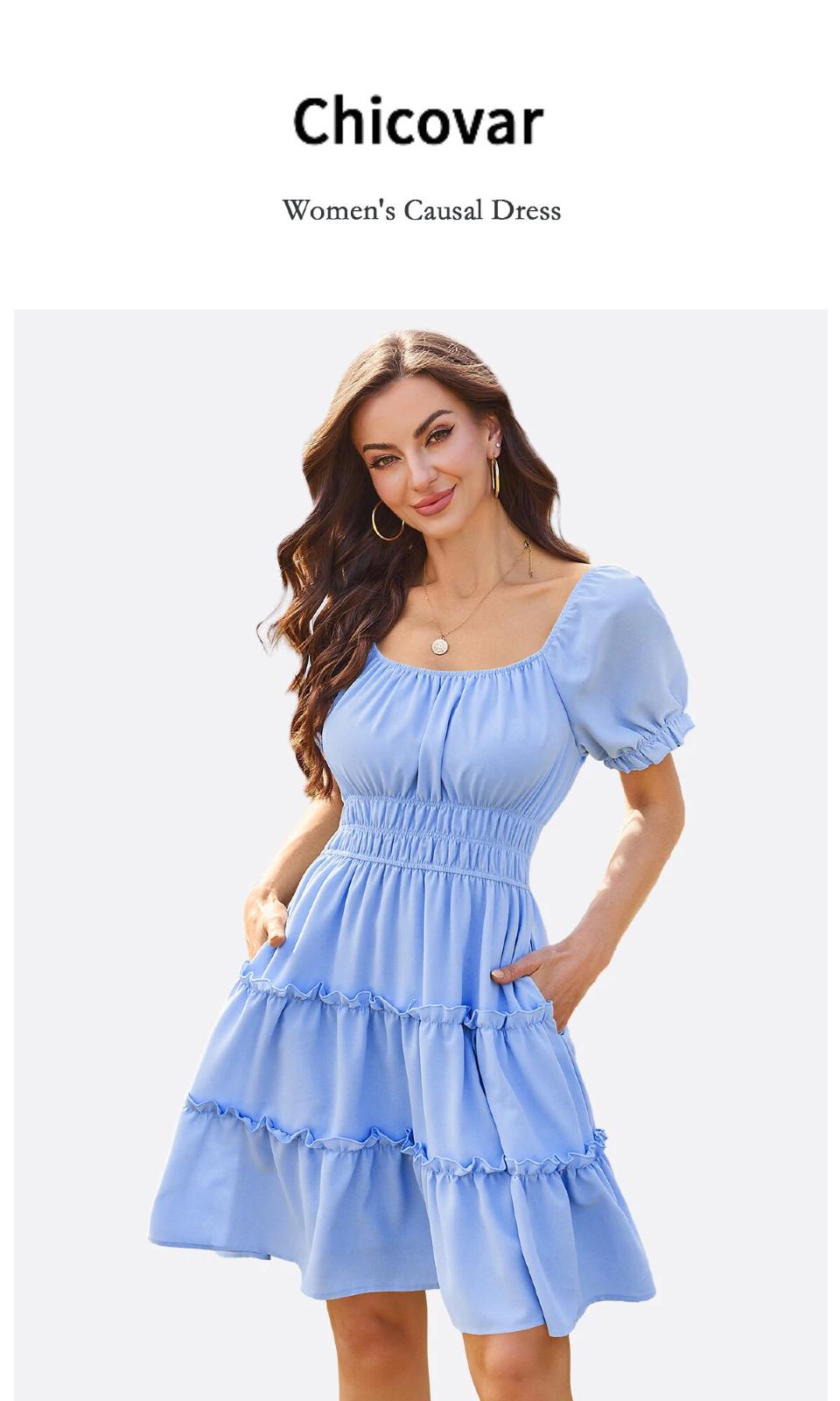 Chicovar Women's Boho Smocked Waist Mini Dress Puff Short Sleeve Tiered Ruffle Flowy Summer Beach Party Dress,Easter dress Shortsleeve