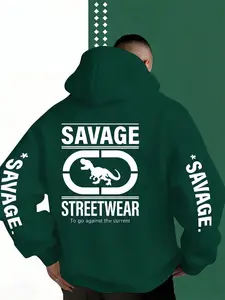Men's Hooded Sweatshirt with Savage Dinosaur Pattern, Casual Fitted Style, Loose Fit, Streetwear Fashion, Fall & Winter