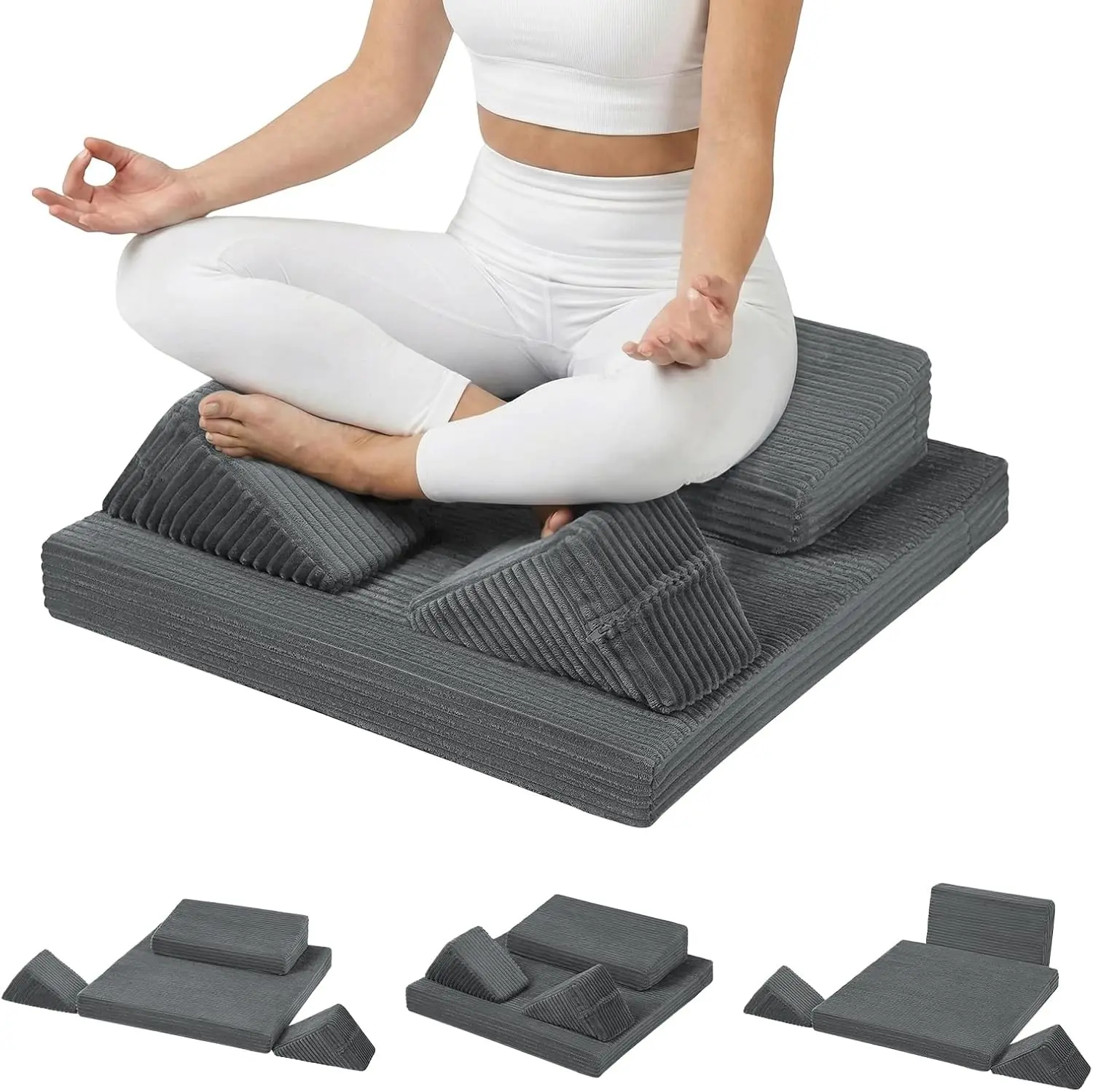 Meditation Cushion, Meditation Mat with Knee Support, Dark Grey | Large Washable Meditation Pillow for Sitting on Floor, Yoga Pillow with 2 Knee Cushions for Comfortable Sitting, 24x24in