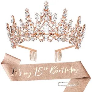 15 Birthday Decorations for Girls, Rose Gold Birthday Sash and Tiara for Girls, It's My 15th Birthday Decorations for Girls
