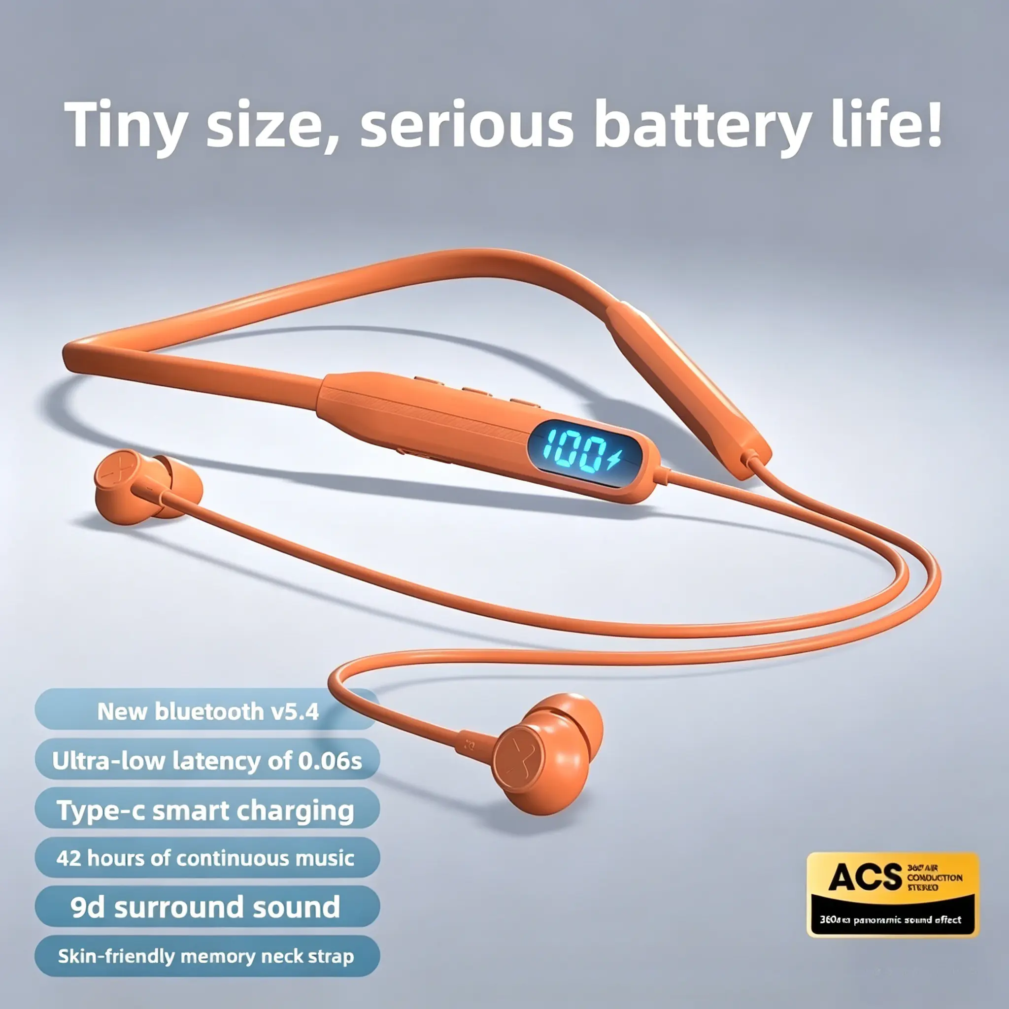 Tiny Wireless Neckband Headset - Bluetooth In-Ear Deep Bass Headphones for Fitness, LED Power Display, Durable Sound Isolation, Ultra-Long Battery Life, Stable Connection, ENC Smart Voice Assistant, Tablet Compatibility, Hands-Free Use