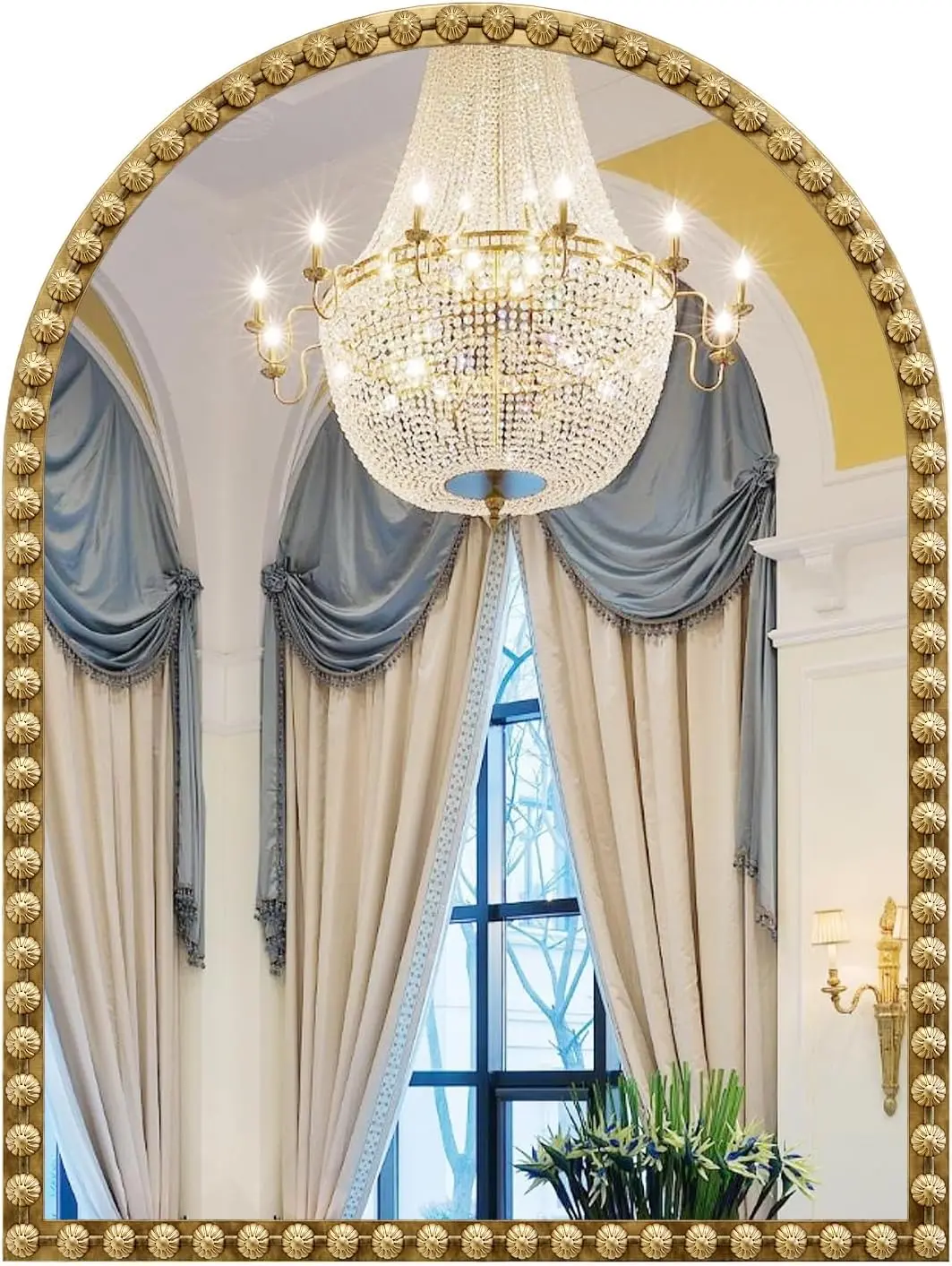 Beaded Arched Mirror, 24"x32" Vintage Gold Arched Bathroom Mirrors | 5mm HD glass, Shatterproof, champagne bronze color, floral beaded metal frame, vintage gold, anti-rust