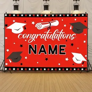 2D Flat Banner Personalized Polyester Photography Backdrop, HD Digitally Printed Soft Lightweight Foldable Background Cloth featuring a Red and Black Graduation Theme with White Caps, Diploma, and Stars for Graduation Party, Celeb