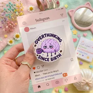 Overthinking Since Birth Phone Grip – Cute Brain Character with Coffee, Fun Kawaii Phone Holder for Teens & Students