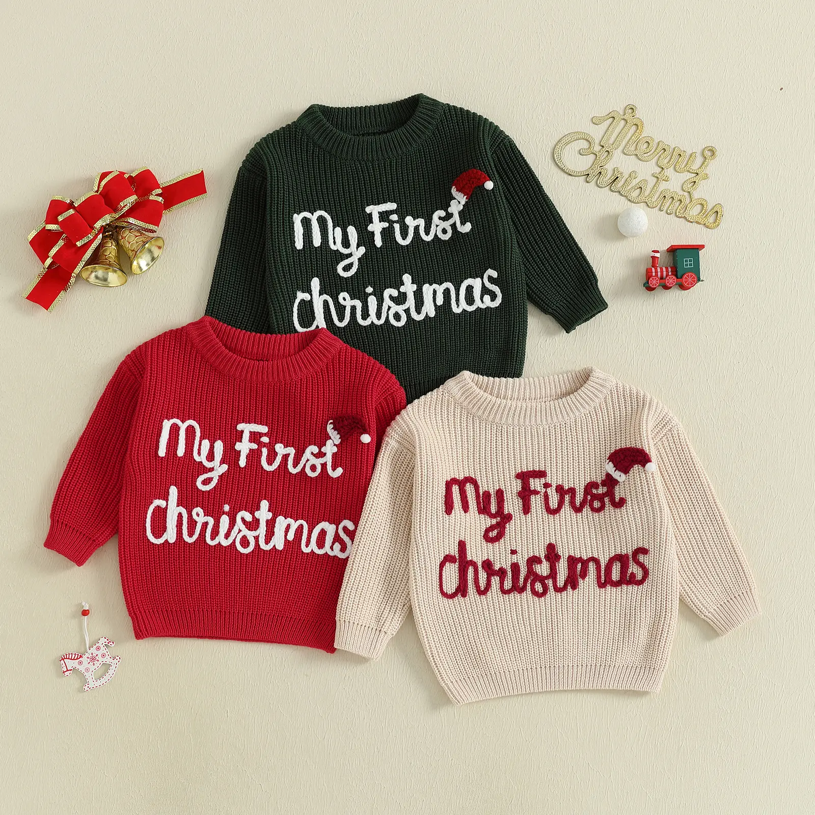 Babamoon Newborn Baby Unisex My First Christmas Warm Knitted Pullover - 1 Sweater, Polyester, Embroidery, Long Sleeve, Santa Hat, Fall Winter Clothes for 0-3 Months, 12-18 Months, 29.5-35.5 Cm
