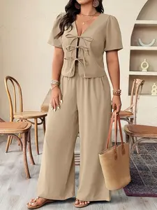 Plus Size Women's Casual Loose Top and Pants Set, Solid Color Two-Piece, Perfect for Spring, Summer, Fall, Comfortable and Stylish