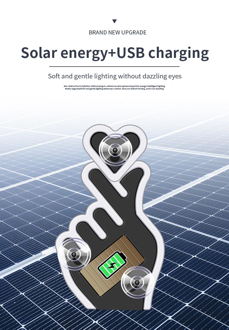 Solar Car Heart Gesture Light, LED Wireless Decorative Warning Light, Interior Ambient Light for Triangle & Rear Window