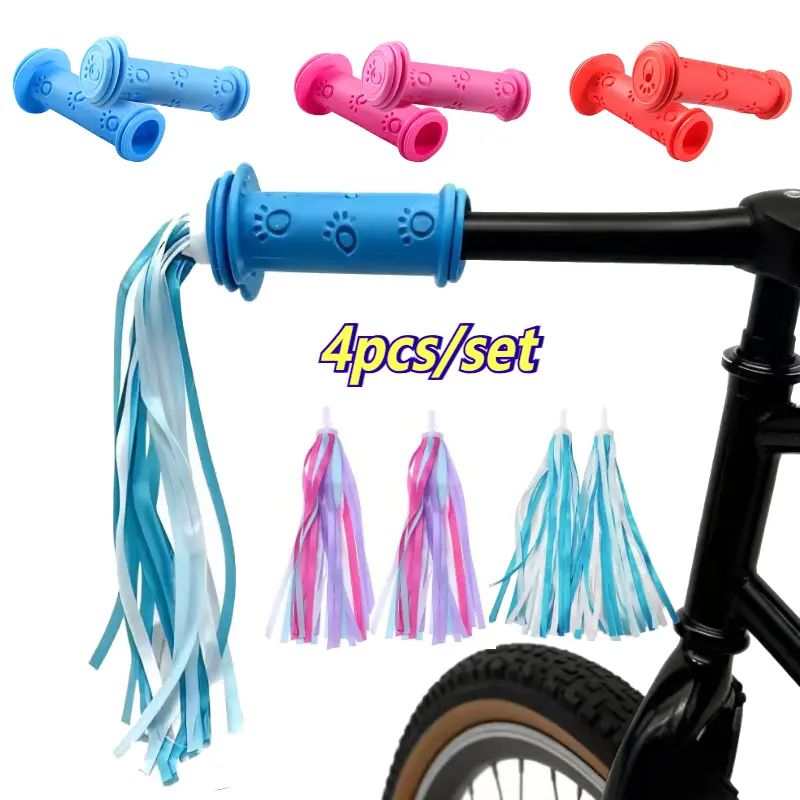 4pcs/set Unisex Bicycle Handlebar Rubber Grips with Vibrant Tassel Ribbon Streamers, Outdoor Sports Cycling Accessories for Bikes and Scooters