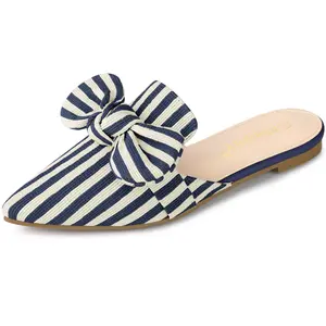 BLISSFUL STEP Pointed Toe Stripe Bow Slides Flats Mules Dark Blue