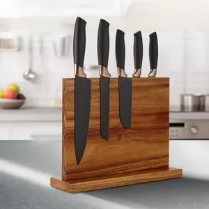 Double-aided magnetic wooden knife holder for kitchen, multifunctional knife rack, acacia wood, strong magnetic attraction, countertop use, no drilling required, knife storage rack, space-saving, high quality