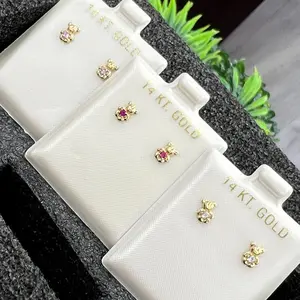 14K Yellow Gold Bear Stud Earrings - Screw Back Earrings for Womens Girls Red Pink White CZ Stone - Kids Girls Jewelry Gifts for Everyday Wear Use