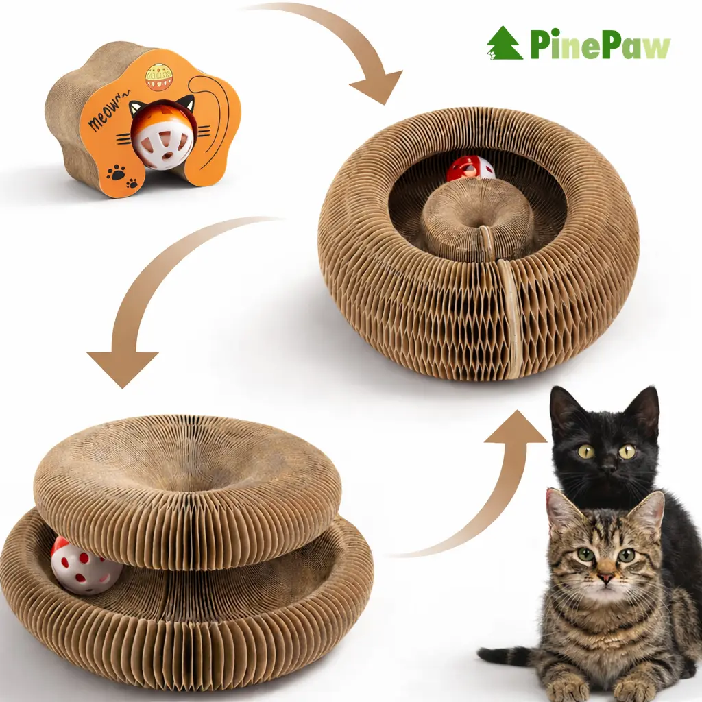 Cardboard Accordion Cat Scratcher Toy - Innovative Foldable Design, Fold-Flat Storage, Compact, Durable, Built-in Bell for Interactive Play, Mental Stimulation, Chasing Fun, Indoor/Outdoor Pet Supply for Living Rooms