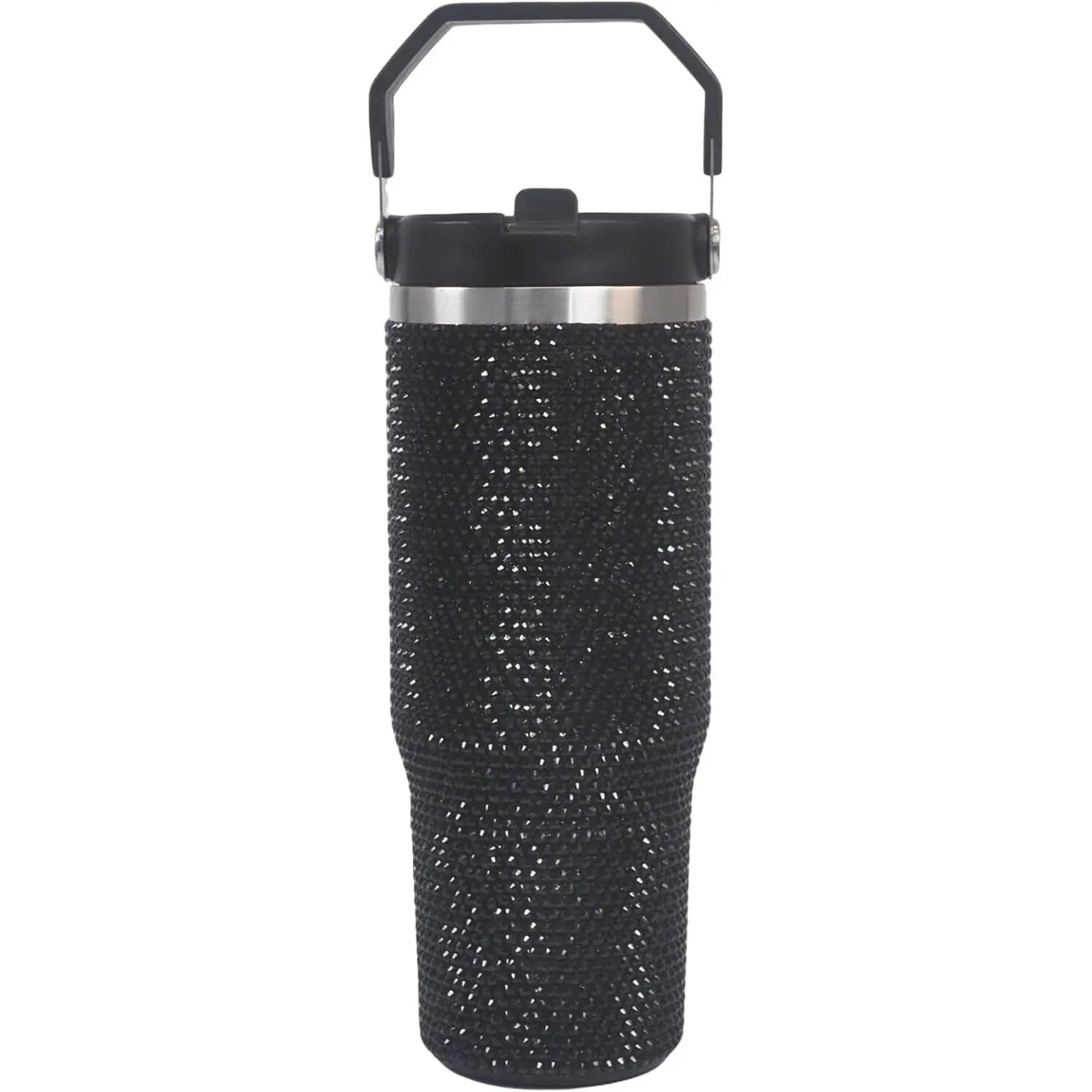 30 oz Black Bling Rhinestone Stainless Steel Sippy Tumbler - Vacuum-Insulated Flask with Insulation, Glitter Exterior, Flip Straw, Lid, Ergonomic Rotating Handle, Leakproof Design, Car Cup Holder Fit for Coffee, Outdoor Adventures, 30Oz, 30 Ounces