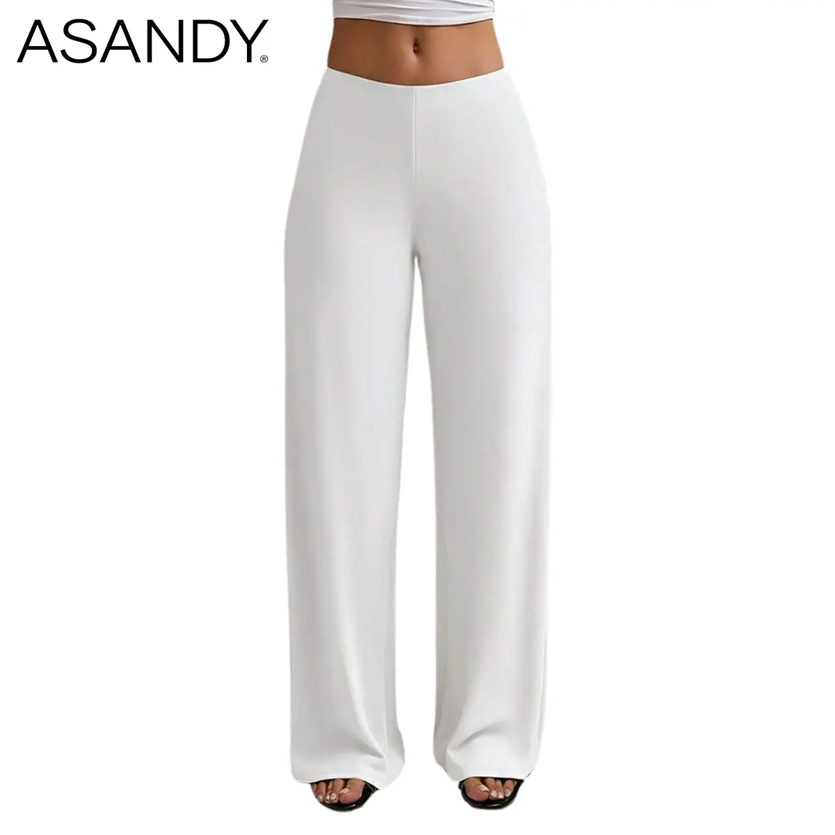 ASANDY Women's High-Waist Wide-Leg Pants - Plain, Seamless Stretchy Fabric, Elegant Style for Business Casual Corporate Attire, Office-To-Evening Ready