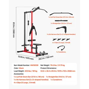 VEVOR LAT Pull Down Machine, 3-in-1 Row Cable Machine, Cable Machines Home Gym with 3-Level Adjustable Seat, 4-Level Adjustable Foam Roller, Load 400 lbs Lat Tower for Back, Chest, Tricep, Black