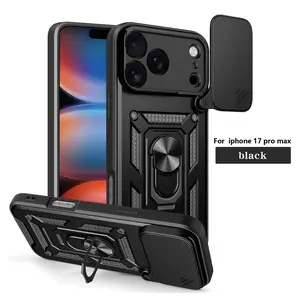 Luxury Case For iPhone 17Pro Max 16Pro 15 14 13 12 Pro Max 16Plus Phone Case with Slide Camera Cover & Rotated Ring Kickstand Military Grade Shockproof with Magnetic Car Mount Holder Cover, Black