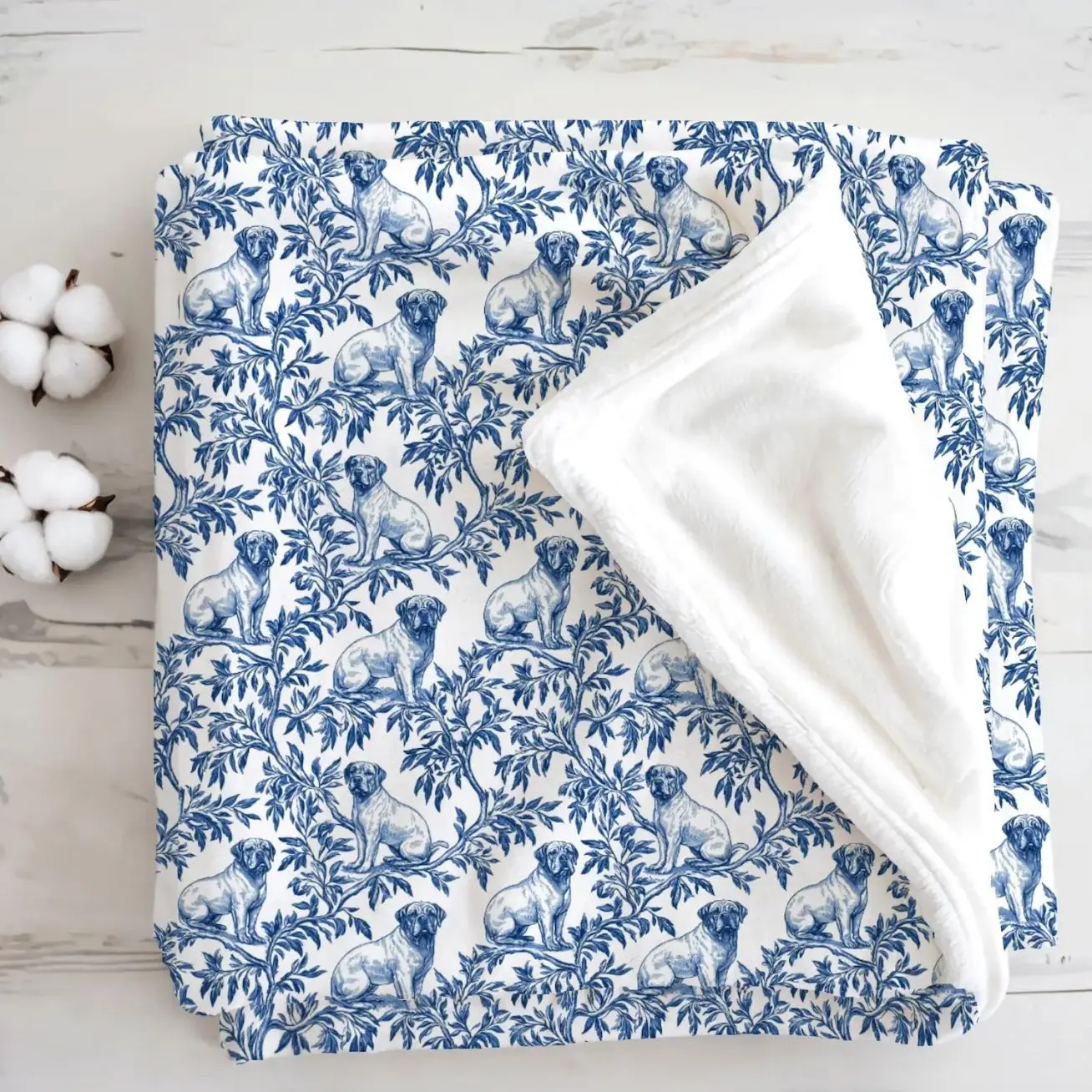Mastiff Blue Chinoiserie Toile De Jouy Sherpa Blanket, Custom Blanket For Dog Lovers, Warm Sofa/Bed Throw, Birthday Gift & Holiday Present