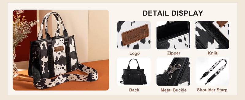 Wrangler Cow Print Tote Handbag for Women Top Handle with Detachable Crossbody Strap Everyday use Casual Tote Bag