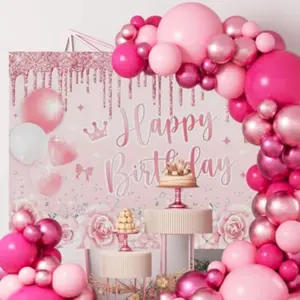 Birthday Banner Background, Rose Gold Glitter Balloon Party Decorations, Sweet 16th, 21st, 30th, 60th Birthday Supplies