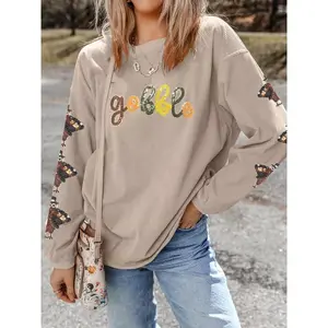 Gobble Corded Ribbed Thanksgiving Turkey Sequin Patched Sleeve Sweatshirt